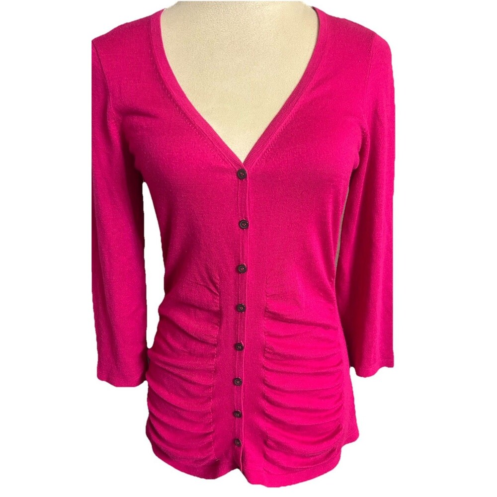 Tahari V Neck Ruched Women S  Button Down Hot Pink Knit Long Sleeves Sweater